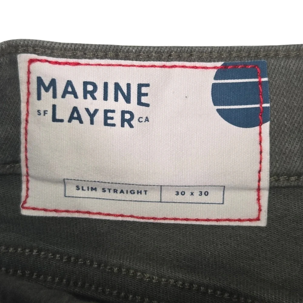 Marine Layer Slim Straight Pants Mens 30‎ Olive Green Denim Jeans Excellent